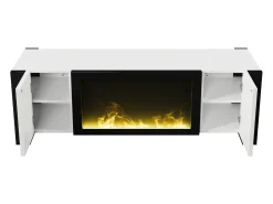 Móvel TV branco e preto com 2 portas, efeito chama, 165x55x32 cm