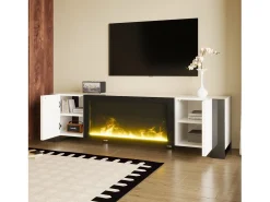 Móvel TV branco e preto com 2 portas, efeito chama, 165x55x32 cm