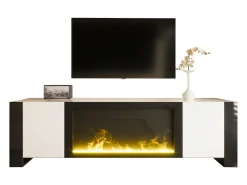 Móvel TV branco e preto com 2 portas, efeito chama, 165x55x32 cm