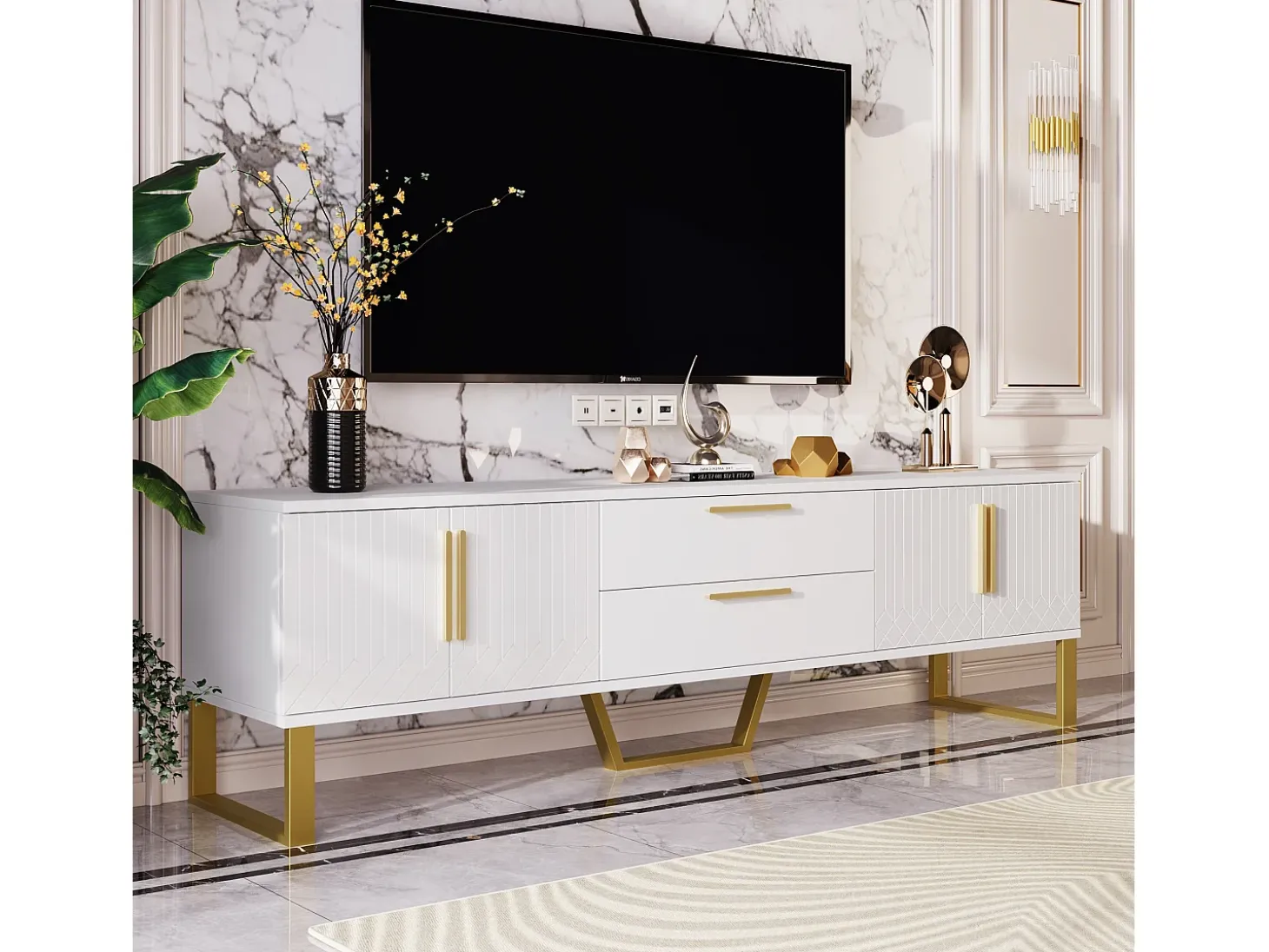 Móvel TV brilhante com 4 portas e 2 gavetas, madeira MDF, puxadores e pés dourados, estilo moderno, branco