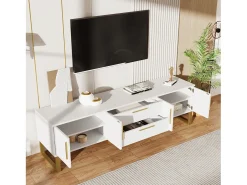 Móvel TV brilhante com 4 portas e 2 gavetas, madeira MDF, puxadores e pés dourados, estilo moderno, branco