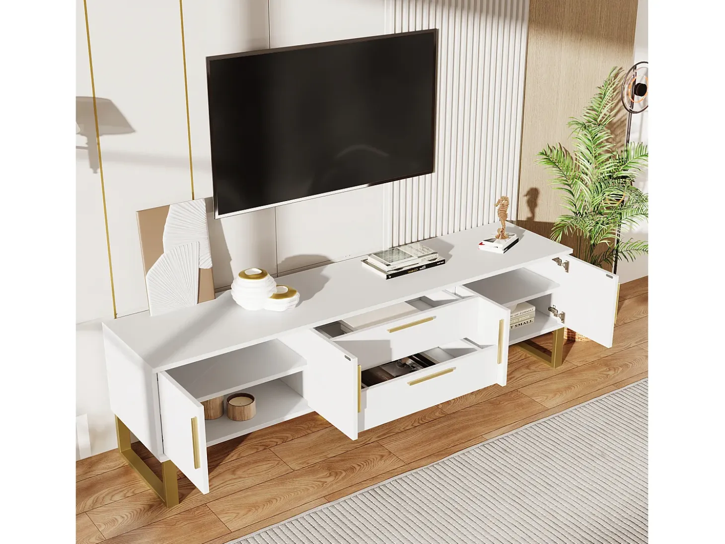 Móvel TV brilhante com 4 portas e 2 gavetas, madeira MDF, puxadores e pés dourados, estilo moderno, branco