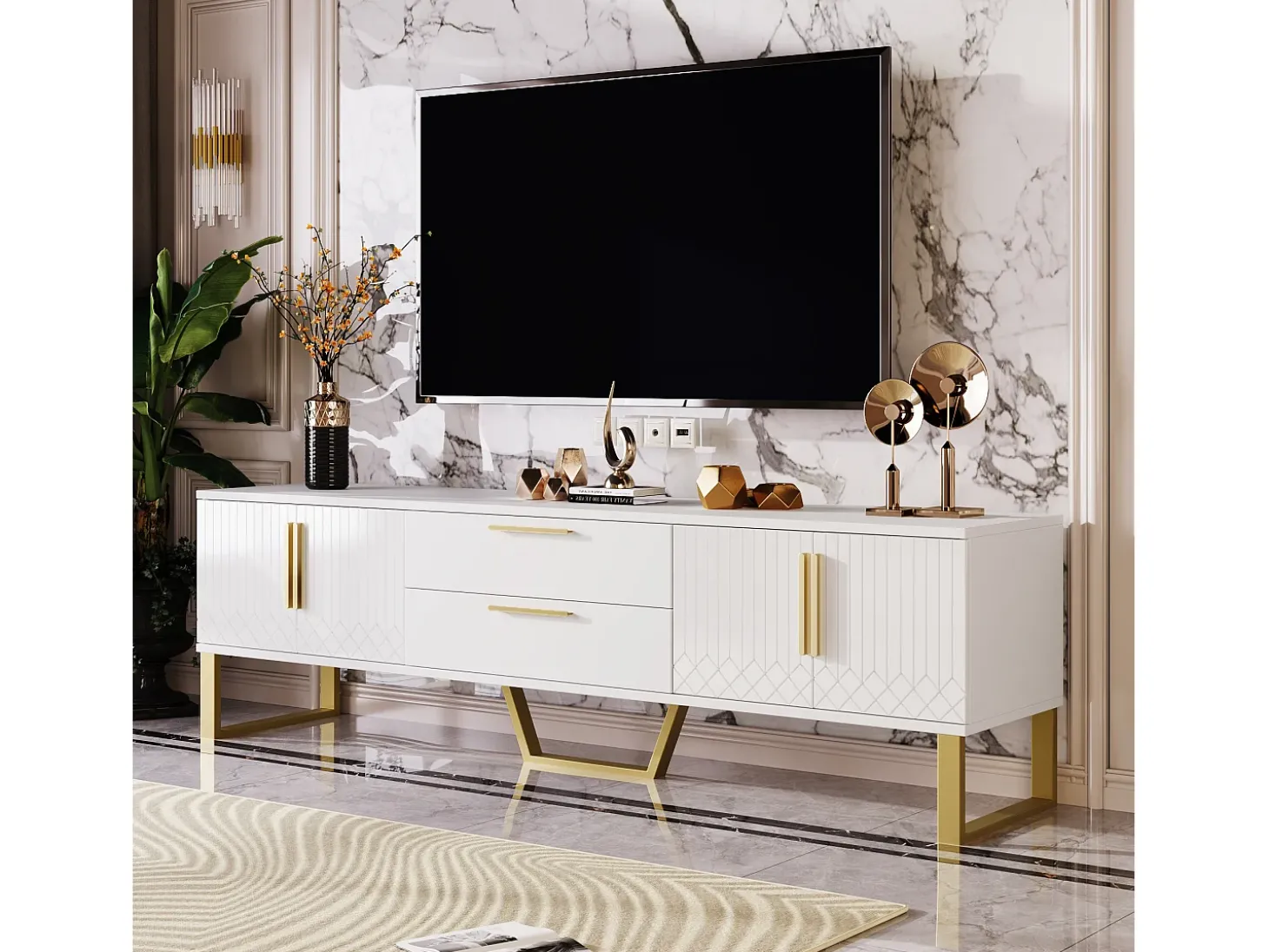 Móvel TV brilhante com 4 portas e 2 gavetas, madeira MDF, puxadores e pés dourados, estilo moderno, branco