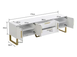 Móvel TV brilhante com 4 portas e 2 gavetas, madeira MDF, puxadores e pés dourados, estilo moderno, branco