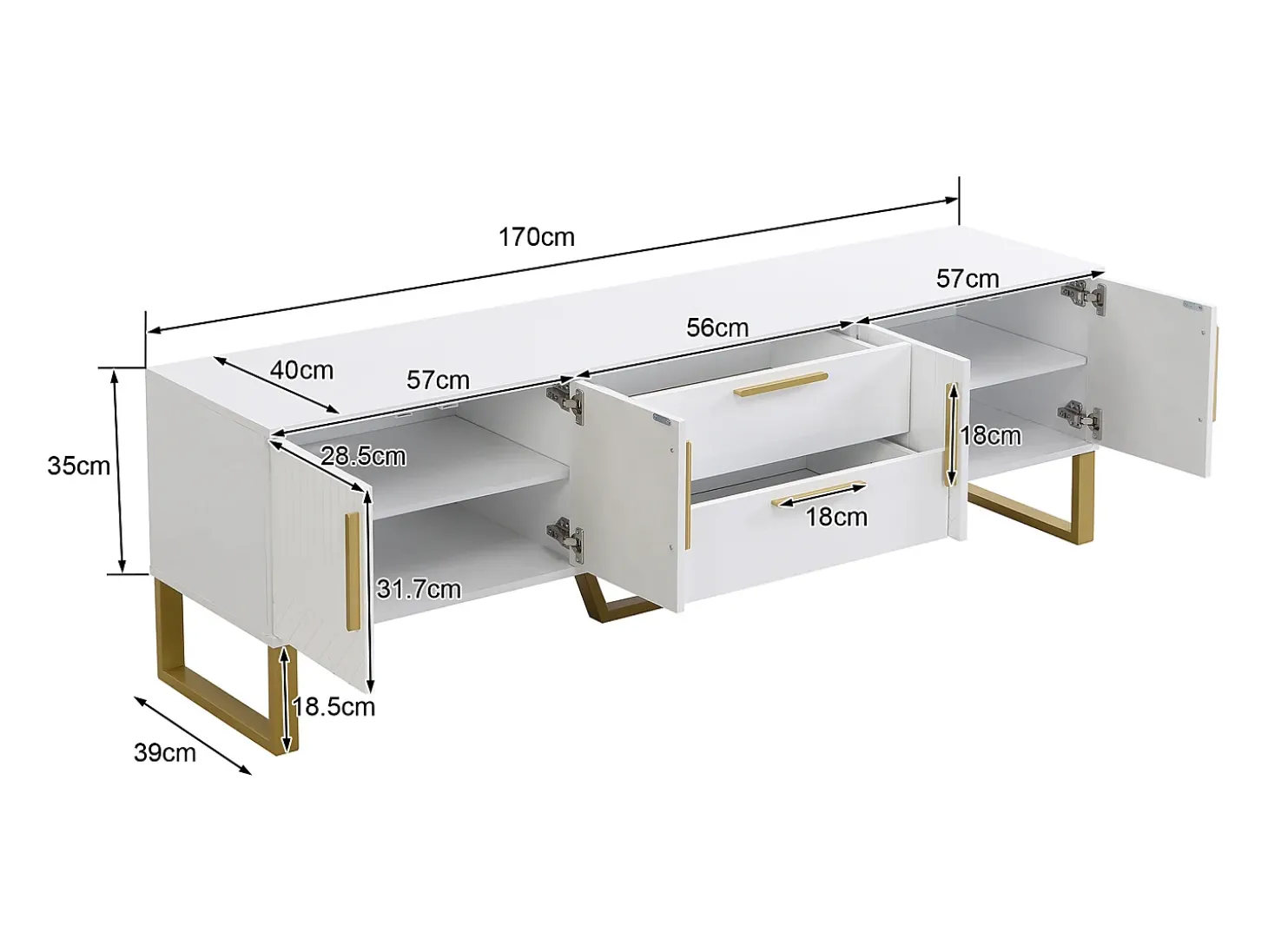 Móvel TV brilhante com 4 portas e 2 gavetas, madeira MDF, puxadores e pés dourados, estilo moderno, branco