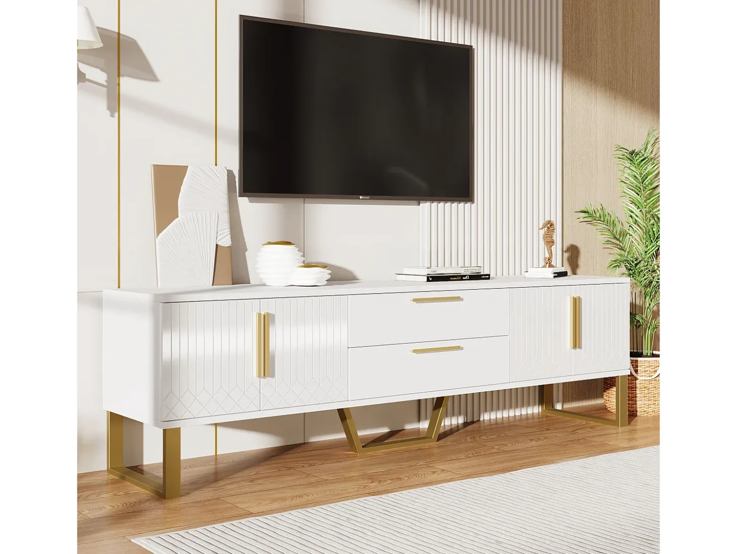 Móvel TV brilhante com 4 portas e 2 gavetas, madeira MDF, puxadores e pés dourados, estilo moderno, branco