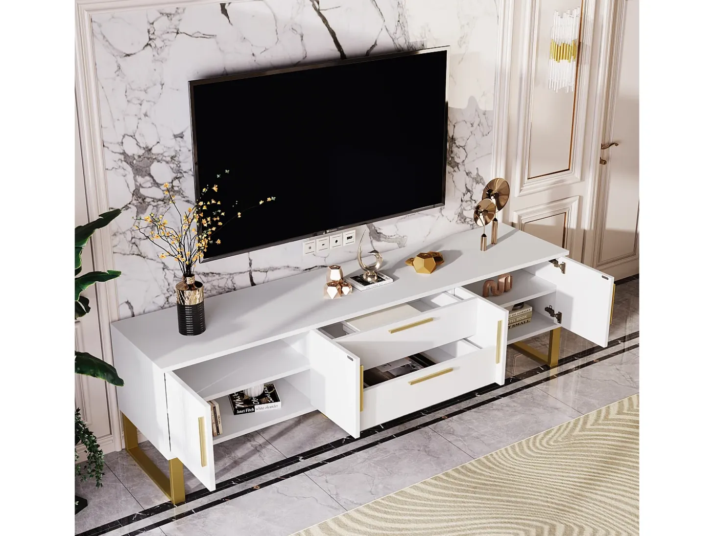 Móvel TV brilhante com 4 portas e 2 gavetas, madeira MDF, puxadores e pés dourados, estilo moderno, branco