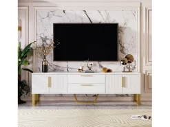 Móvel TV brilhante com 4 portas e 2 gavetas, madeira MDF, puxadores e pés dourados, estilo moderno, branco