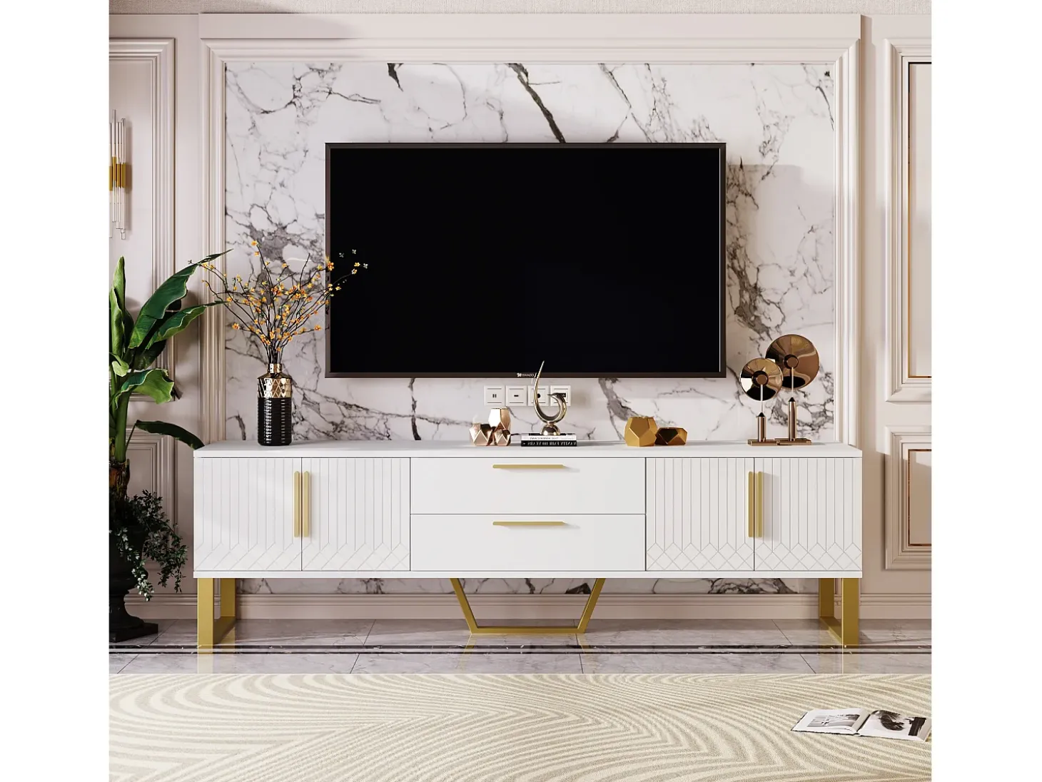 Móvel TV brilhante com 4 portas e 2 gavetas, madeira MDF, puxadores e pés dourados, estilo moderno, branco
