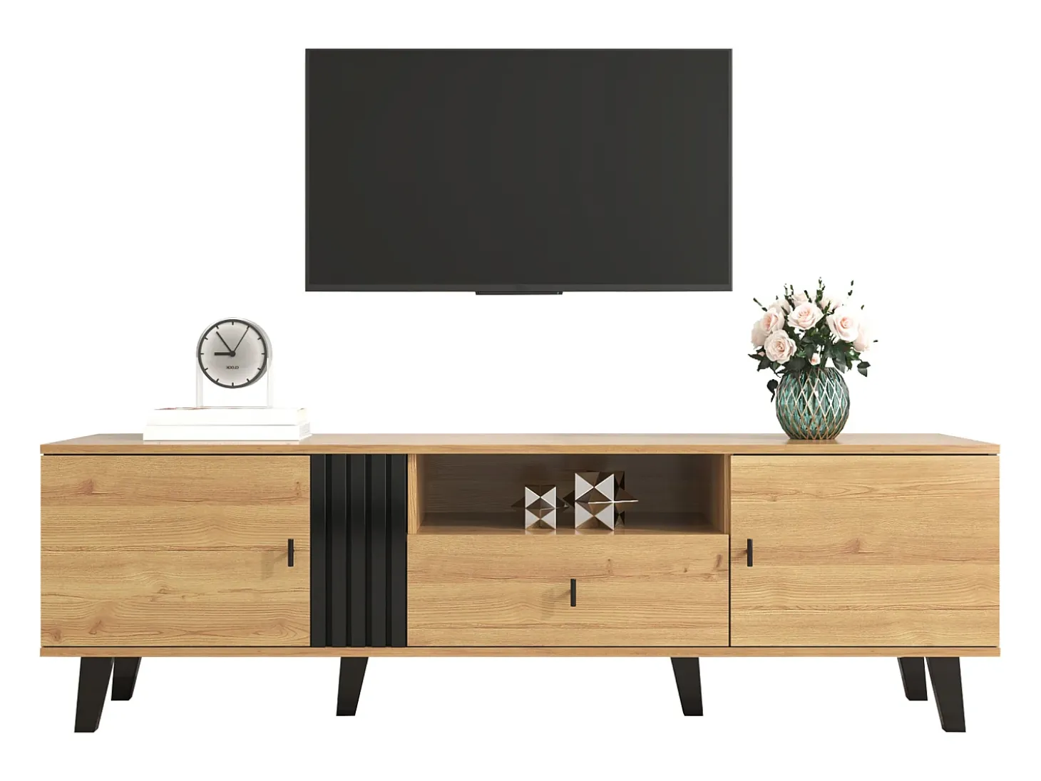 Móvel TV claro natural e preto com 2 portas e 1 gaveta, 170x40x50,5cm