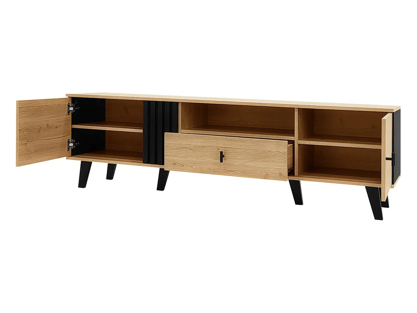 Móvel TV claro natural e preto com 2 portas e 1 gaveta, 170x40x50,5cm