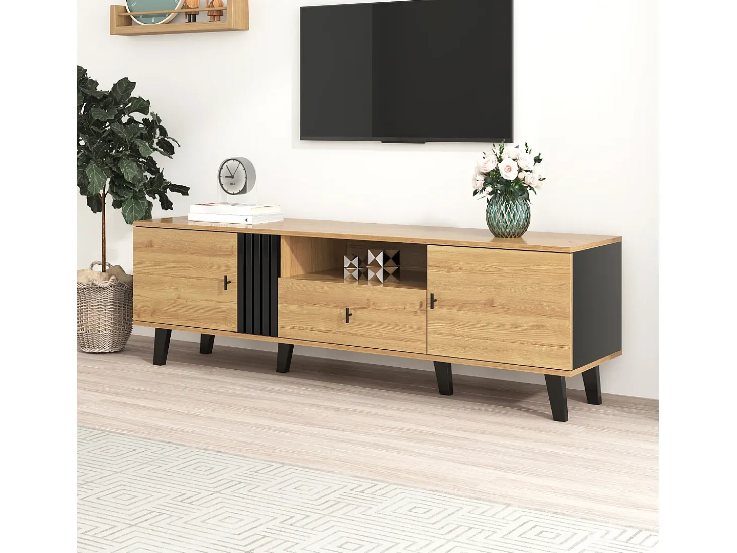 Móvel TV claro natural e preto com 2 portas e 1 gaveta, 170x40x50,5cm