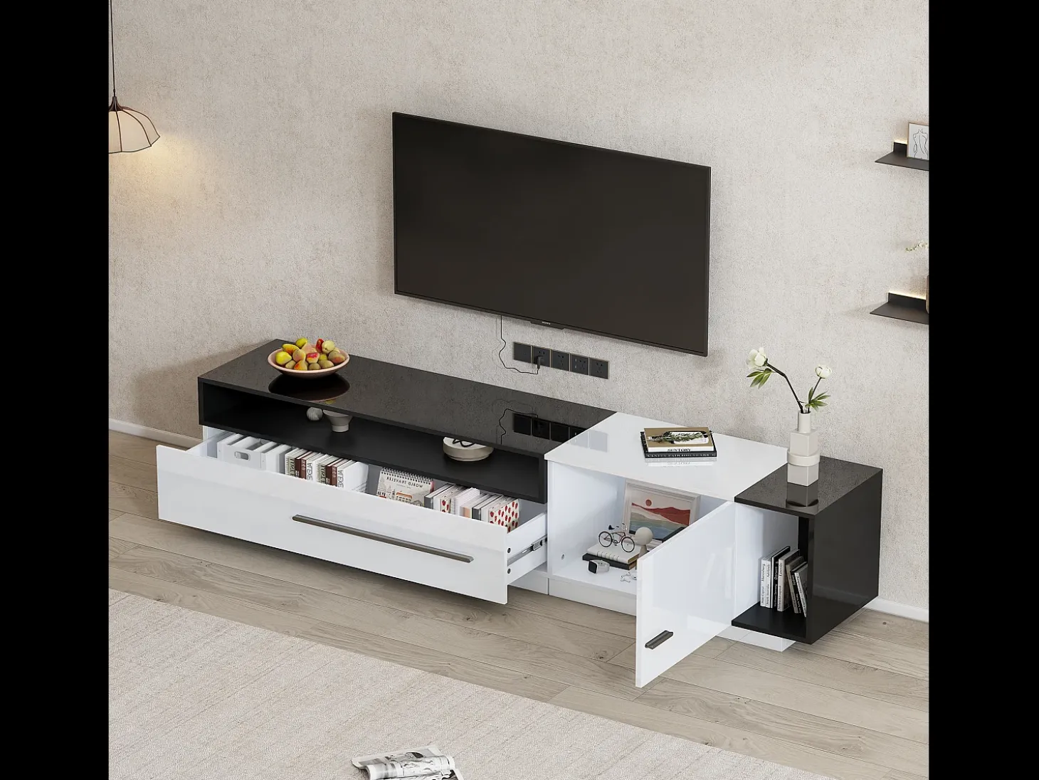 Móvel TV 170cm - 1 gaveta grande e 3 compartimentos - Branco e Preto