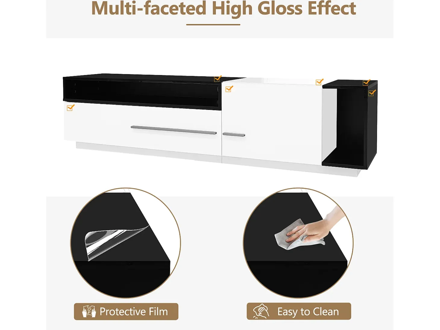 Móvel TV 170cm - 1 gaveta grande e 3 compartimentos - Branco e Preto