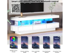 Móvel TV 160cm com LED - 3 compartimentos em vidro - Controlado por APP - adequado para TV 70" - Branco
