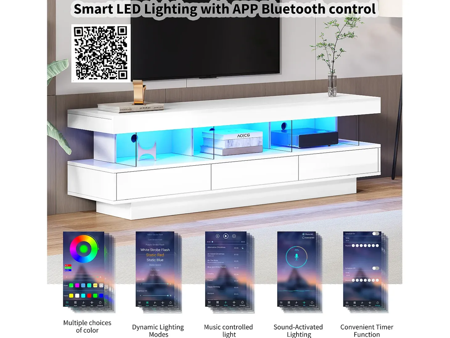 Móvel TV 160cm com LED - 3 compartimentos em vidro - Controlado por APP - adequado para TV 70" - Branco