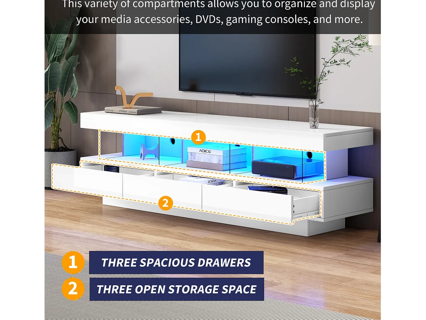Móvel TV 160cm com LED - 3 compartimentos em vidro - Controlado por APP - adequado para TV 70" - Branco
