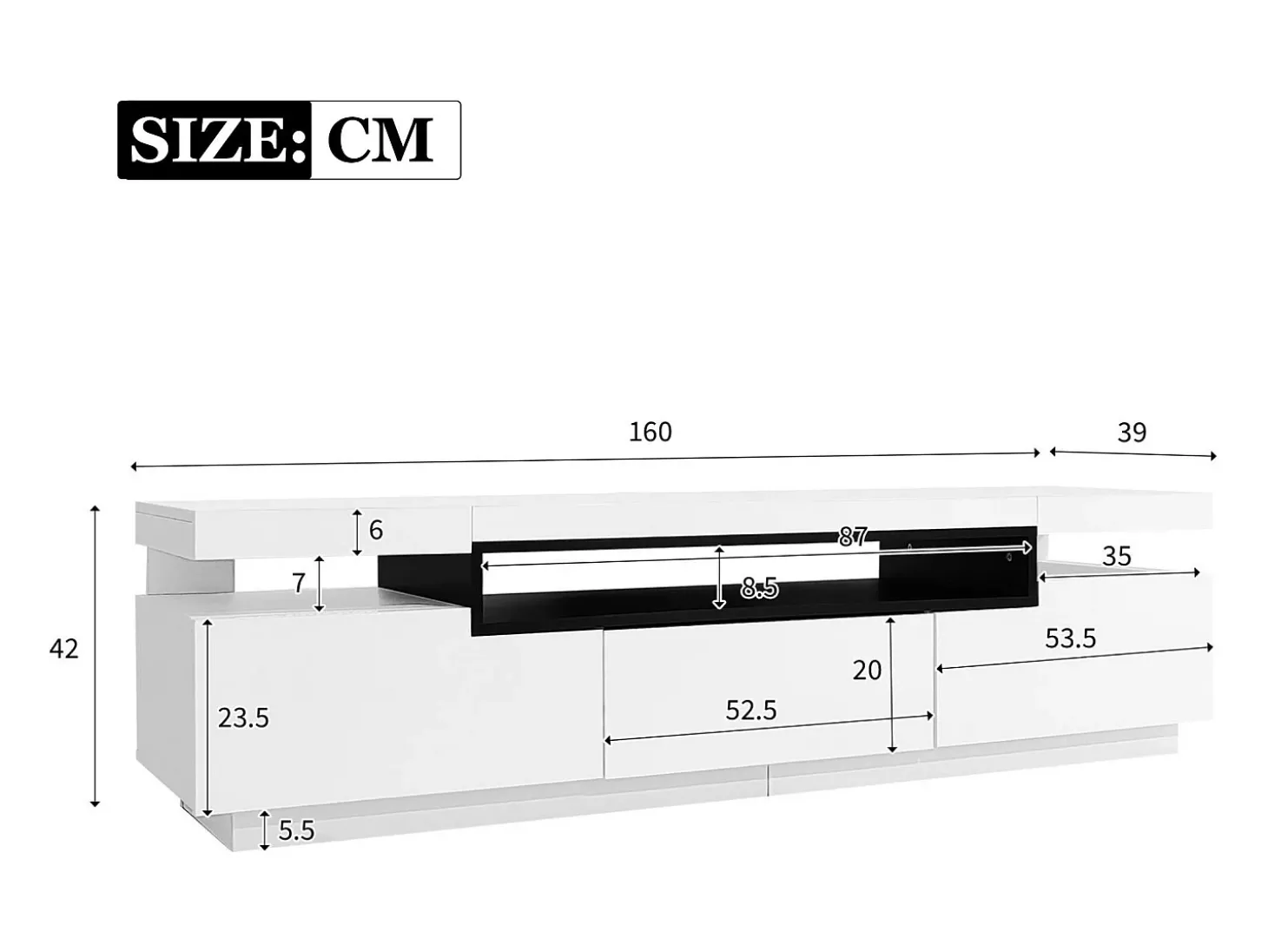 Móvel TV 160cm com LED - 3 gavetas - adequado para TV 70" - Branco