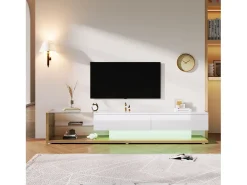 Móvel TV 170cm com LED e divisória em vidro - 2 gavetas - Branco e Natural