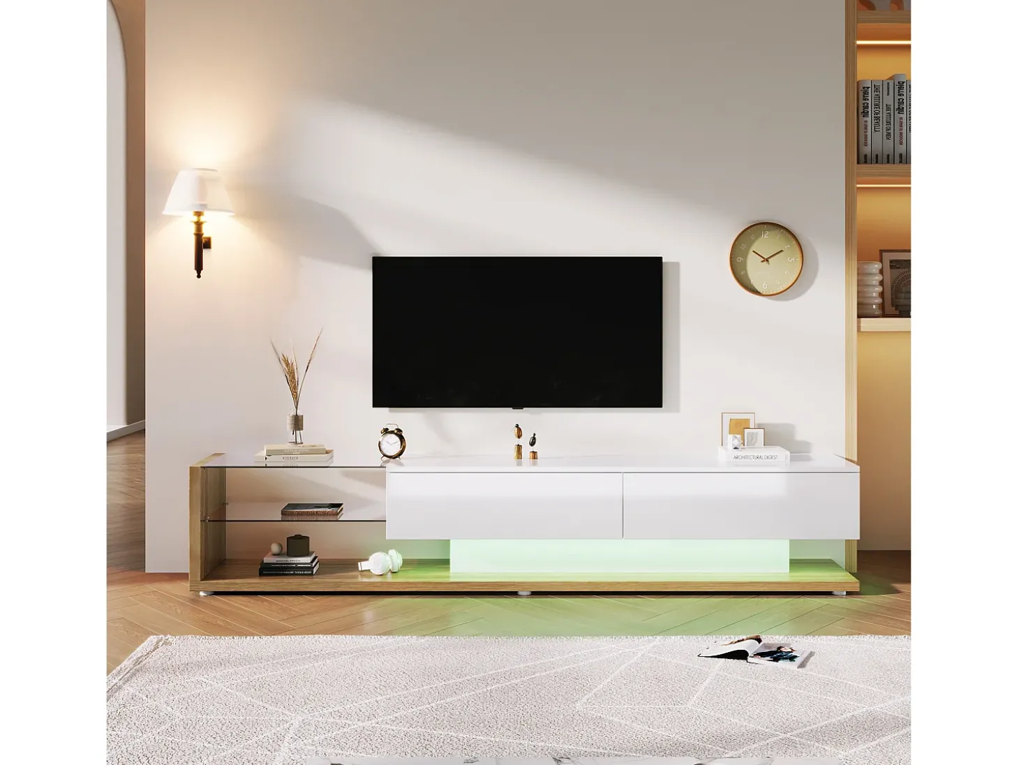 Móvel TV 170cm com LED e divisória em vidro - 2 gavetas - Branco e Natural
