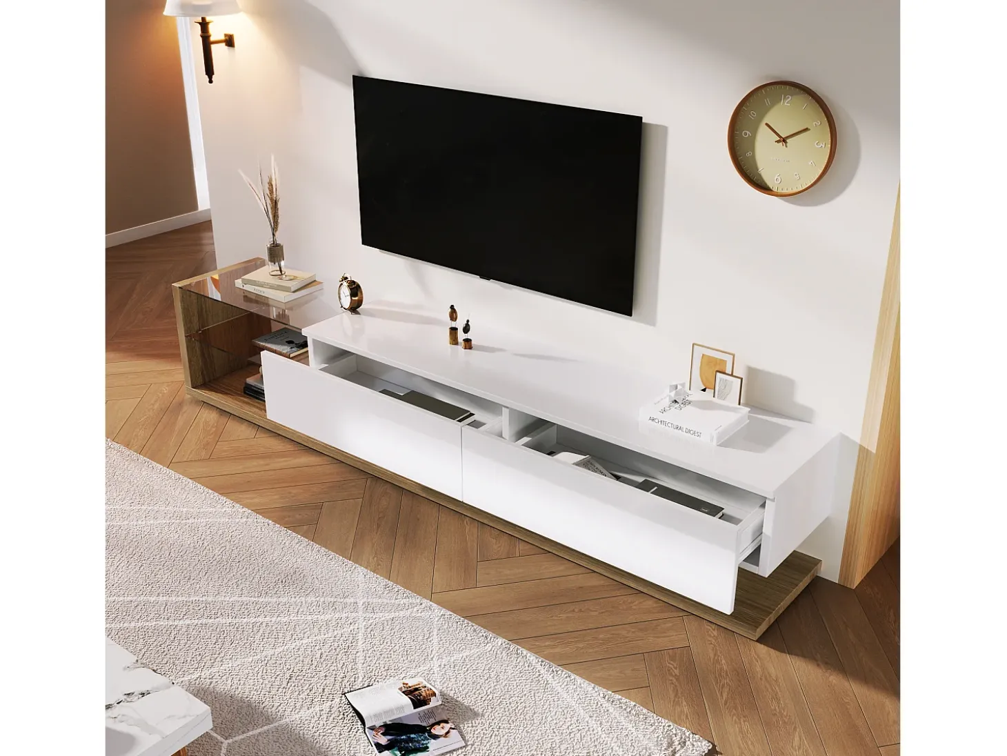 Móvel TV 170cm com LED e divisória em vidro - 2 gavetas - Branco e Natural