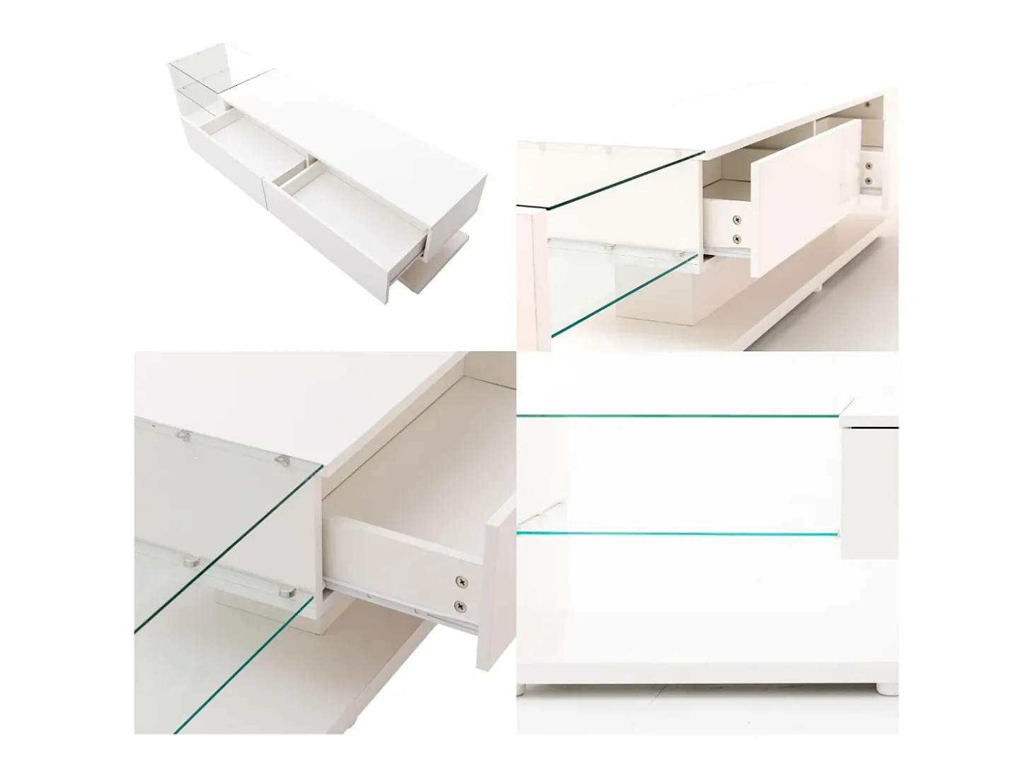 Móvel TV 170cm com LED e divisória em vidro - 2 gavetas - Branco