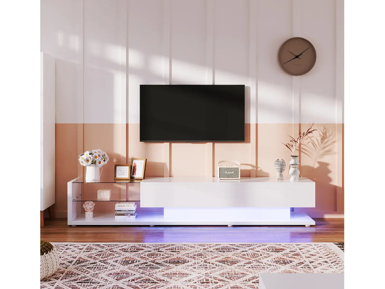 Móvel TV 170cm com LED e divisória em vidro - 2 gavetas - Branco