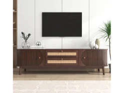Móvel TV 170cm em madeira maciça e rotin - 2 tiroirs e 2 portes - estilo campagnard - castanho