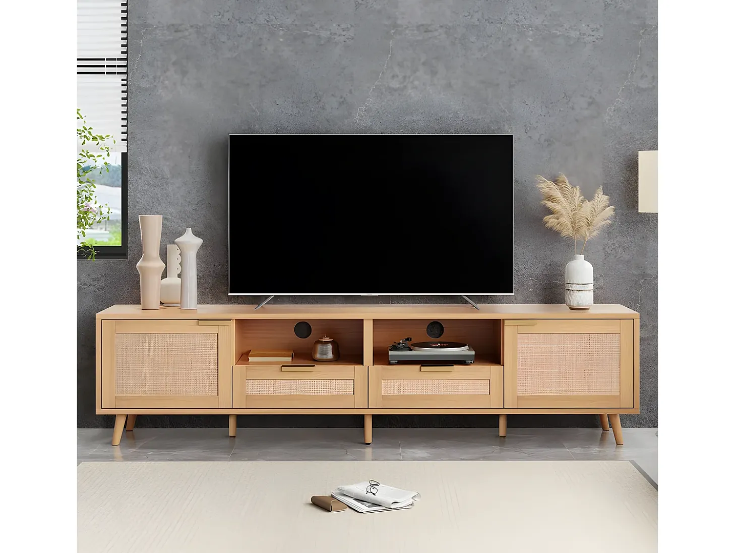 Móvel TV 200cm MDF - 2 portas e 2 compartimentos - estilo campestre - Natural