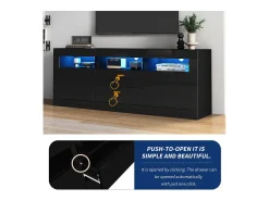 Móvel TV com 3 compartimentos abertos, 2 portas e 2 gavetas - 160 x 35 x 60 cm - Aglomerado - LEDs - Preto brilhante