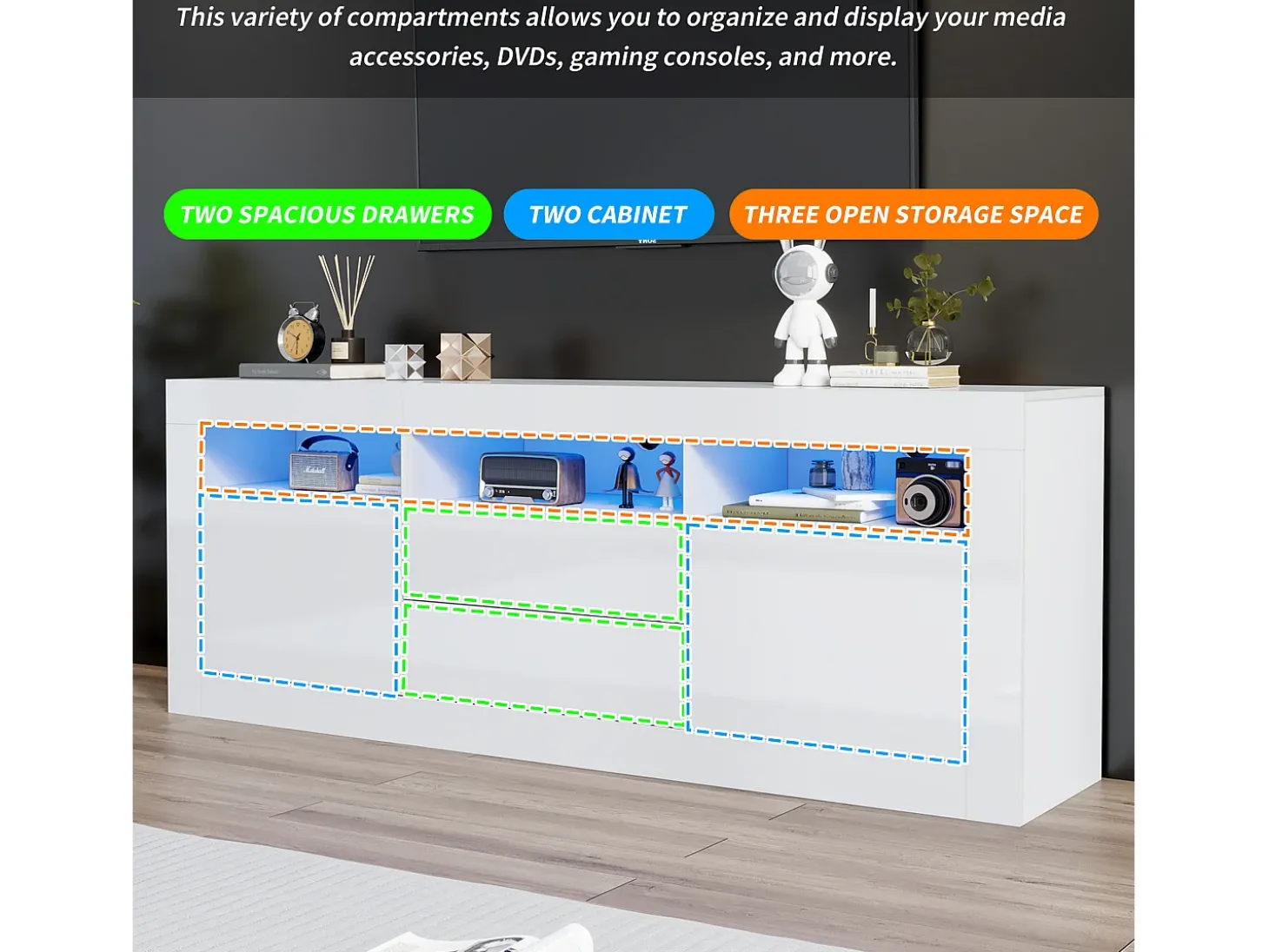Móvel TV com 3 compartimentos abertos, 2 portas e 2 gavetas - 160 x 35 x 60 cm - Aglomerado - LEDs - Branco brilhante