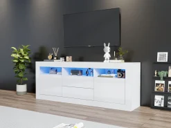 Móvel TV com 3 compartimentos abertos, 2 portas e 2 gavetas - 160 x 35 x 60 cm - Aglomerado - LEDs - Branco brilhante