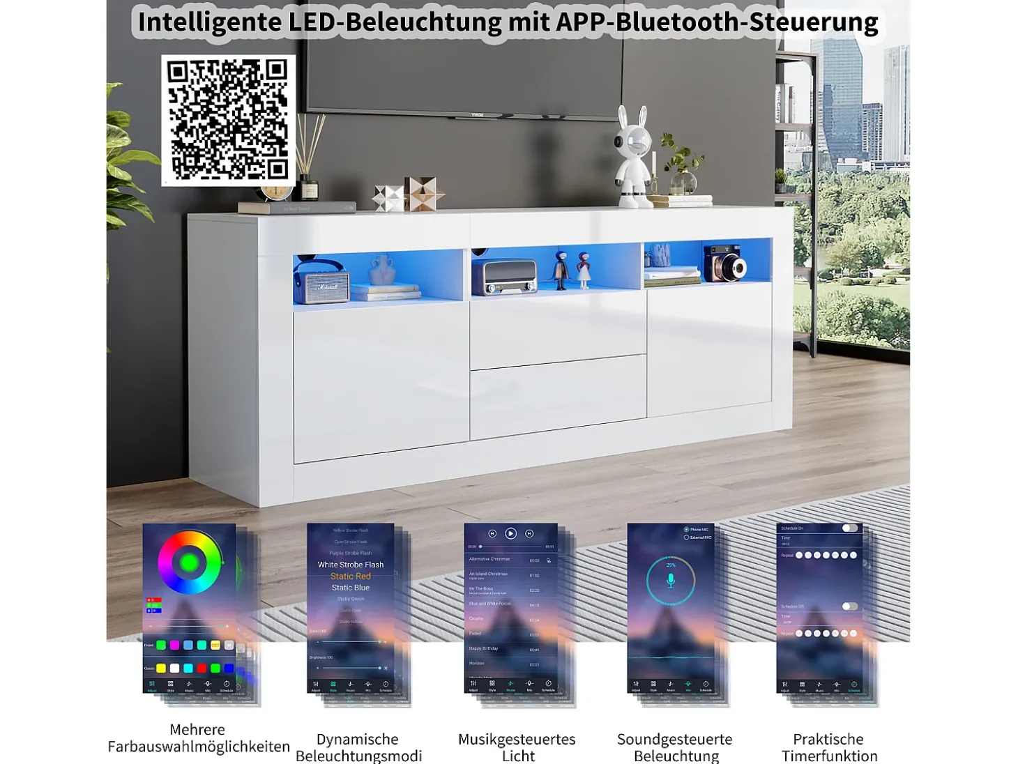 Móvel TV com 3 compartimentos abertos, 2 portas e 2 gavetas - 160 x 35 x 60 cm - Aglomerado - LEDs - Branco brilhante