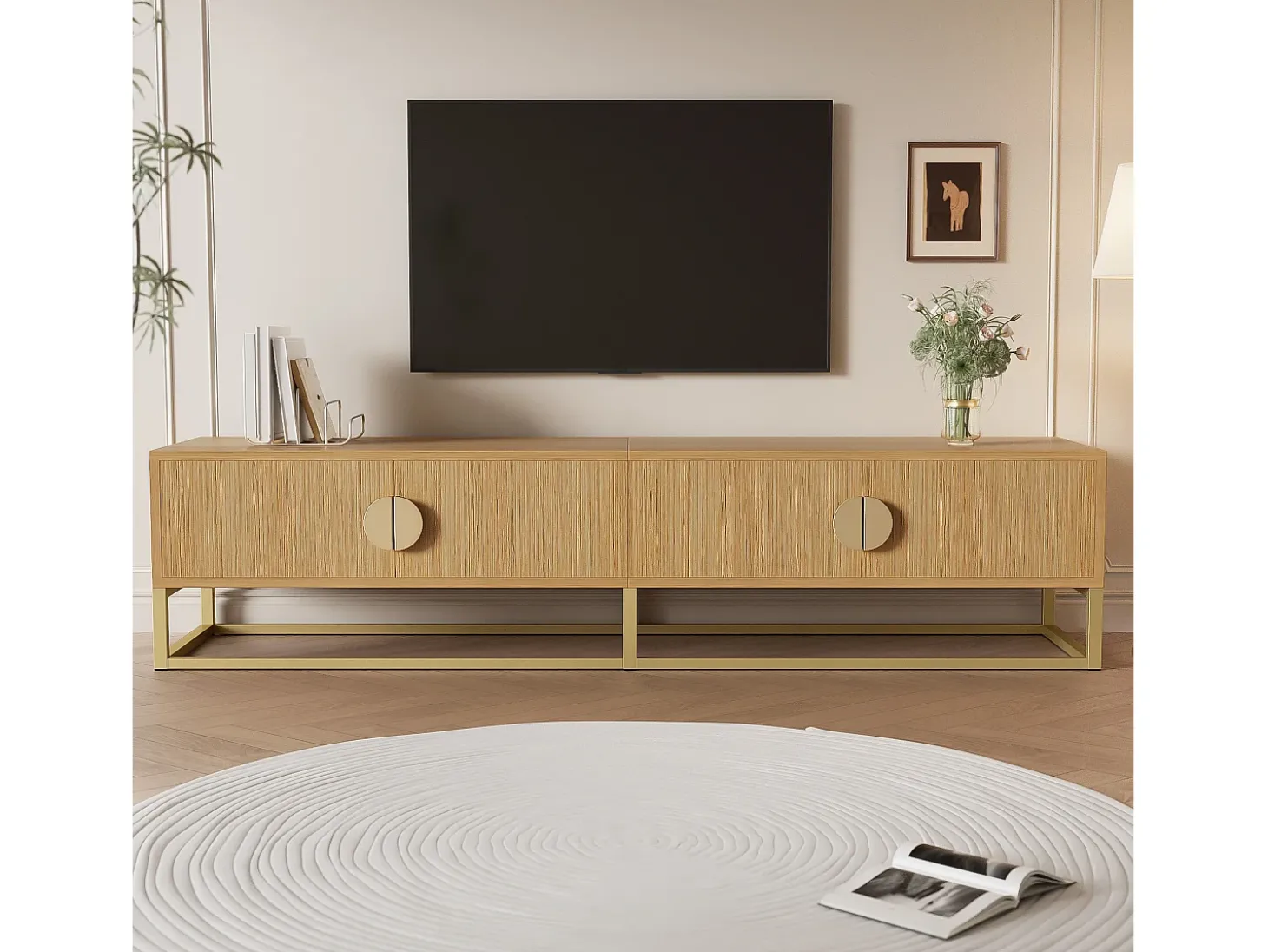 Móvel TV com 4 gavetas - 180 x 40 x 40 cm - Puxadores semicirculares - MDF e aglomerado - Natural