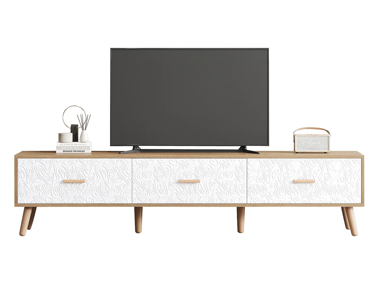 Móvel TV com 3 gavetas - 150 x 35 x 39 cm - Aglomerado - para sala de estar - Branco e madeira