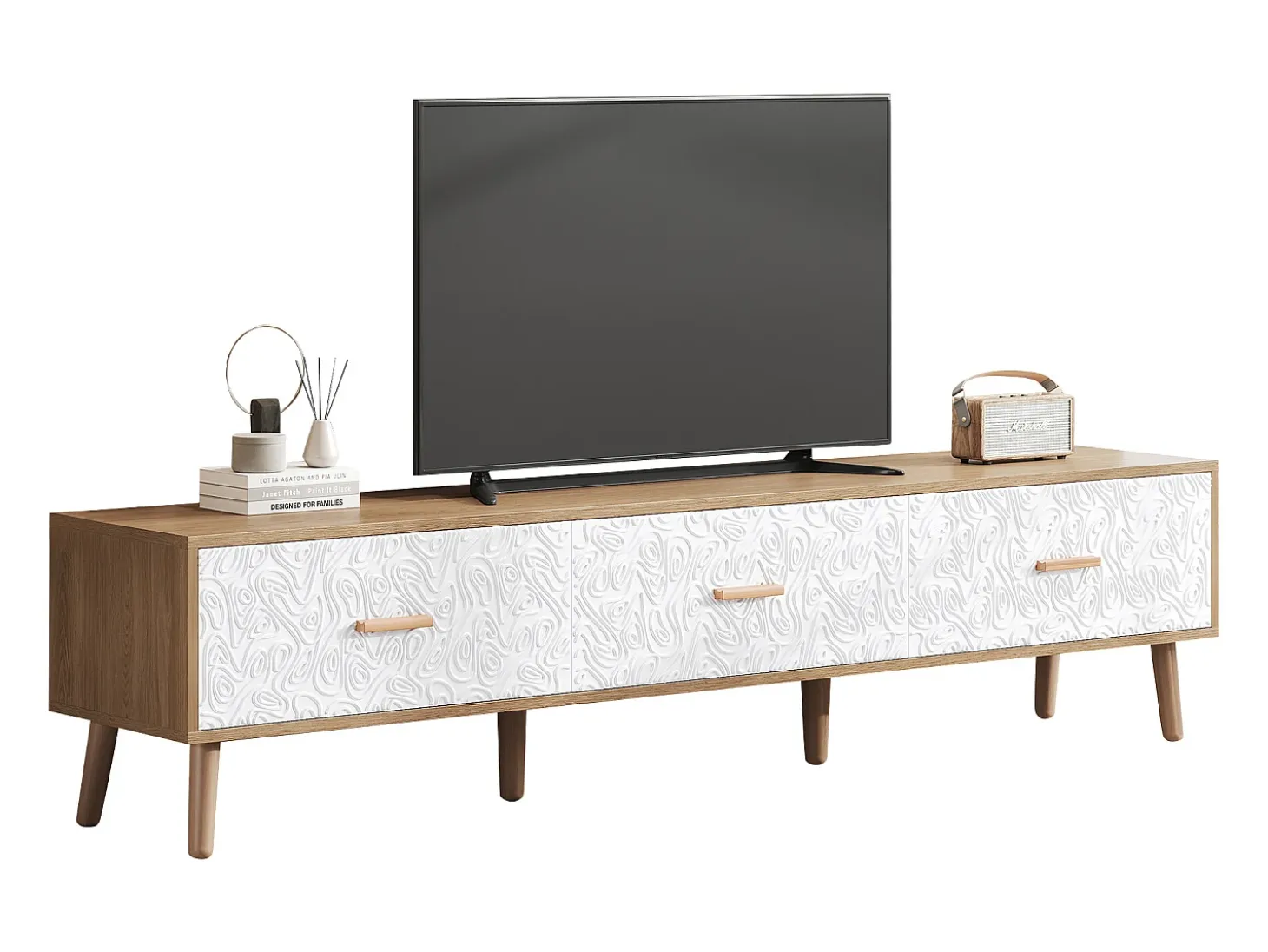 Móvel TV com 3 gavetas - 150 x 35 x 39 cm - Aglomerado - para sala de estar - Branco e madeira