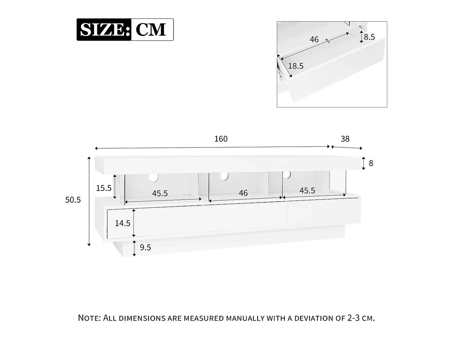 Móvel TV com 3 gavetas e 3 compartimentos - 160 x 38 x 50,5 cm - Divisória de vidro - LEDs - Aglomerado - Branco brilhante
