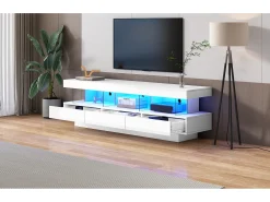 Móvel TV com 3 gavetas e 3 compartimentos - 160 x 38 x 50,5 cm - Divisória de vidro - LEDs - Aglomerado - Branco brilhante