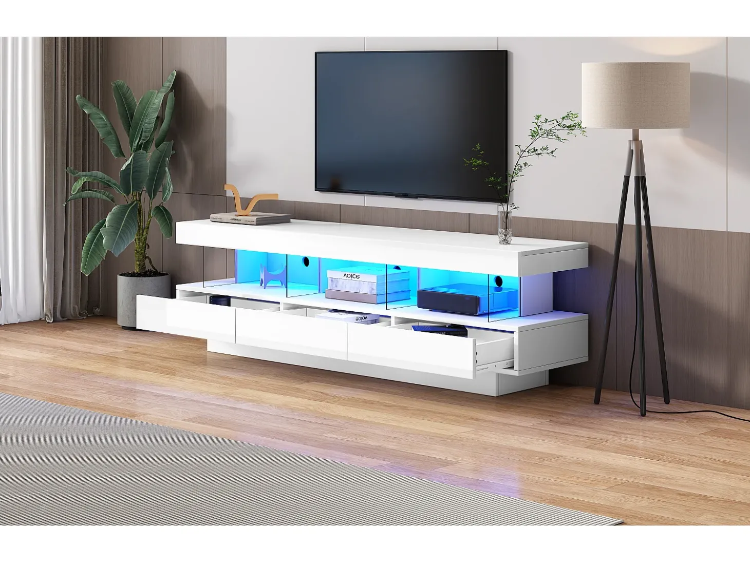 Móvel TV com 3 gavetas e 3 compartimentos - 160 x 38 x 50,5 cm - Divisória de vidro - LEDs - Aglomerado - Branco brilhante