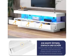 Móvel TV com 3 gavetas e 3 compartimentos - 160 x 38 x 50,5 cm - Divisória de vidro - LEDs - Aglomerado - Branco brilhante