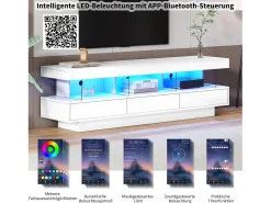 Móvel TV com 3 gavetas e 3 compartimentos - 160 x 38 x 50,5 cm - Divisória de vidro - LEDs - Aglomerado - Branco brilhante