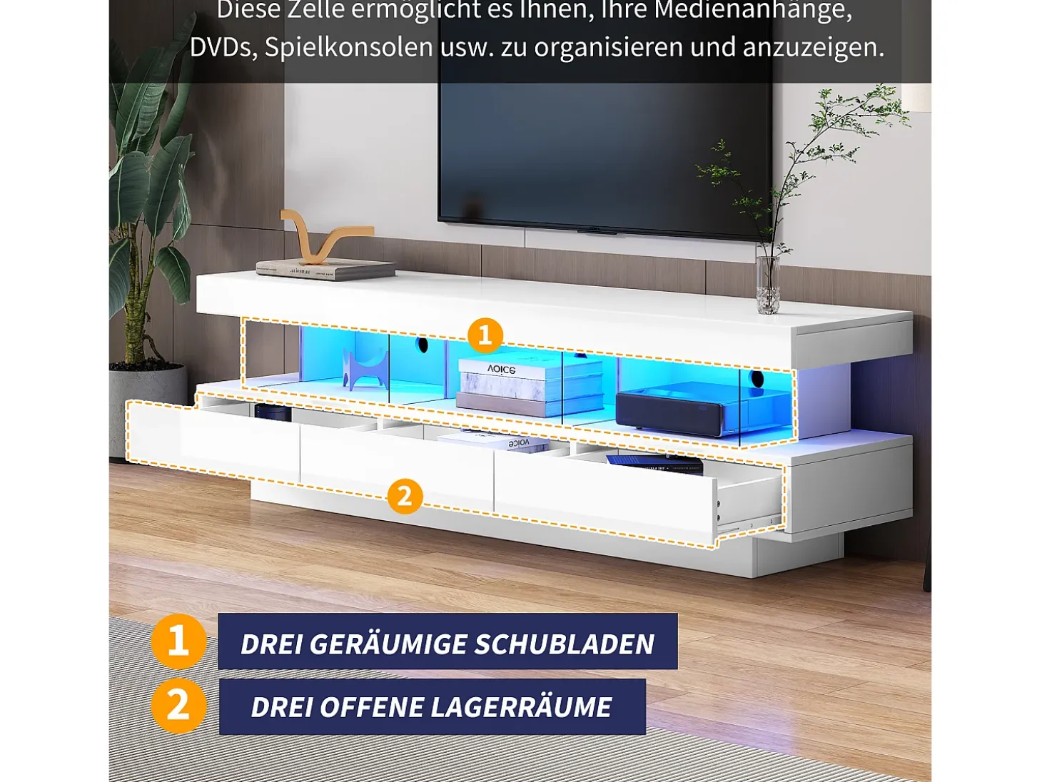 Móvel TV com 3 gavetas e 3 compartimentos - 160 x 38 x 50,5 cm - Divisória de vidro - LEDs - Aglomerado - Branco brilhante