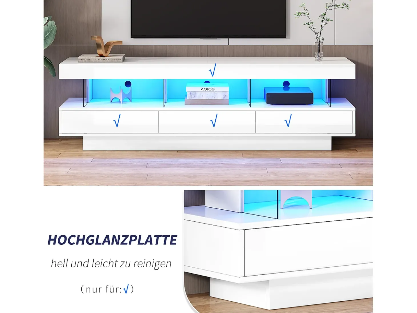 Móvel TV com 3 gavetas e 3 compartimentos - 160 x 38 x 50,5 cm - Divisória de vidro - LEDs - Aglomerado - Branco brilhante