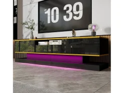 Móvel TV com 3 gavetas e 1 nicho, LED incluído, lacado preto brilhante e faixa dourada - 180x38x45cm
