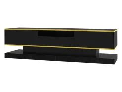 Móvel TV com 3 gavetas e 1 nicho, LED incluído, lacado preto brilhante e faixa dourada - 180x38x45cm