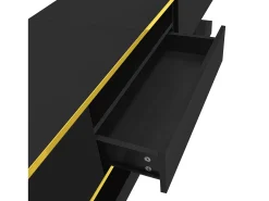 Móvel TV com 3 gavetas e 1 nicho, LED incluído, lacado preto brilhante e faixa dourada - 180x38x45cm
