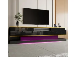 Móvel TV com 3 gavetas e 1 nicho, LED incluído, lacado preto brilhante e faixa dourada - 180x38x45cm