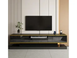 Móvel TV com 3 gavetas e 1 nicho, LED incluído, lacado preto brilhante e faixa dourada - 180x38x45cm