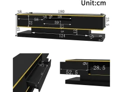 Móvel TV com 3 gavetas e 1 nicho, LED incluído, lacado preto brilhante e faixa dourada - 180x38x45cm