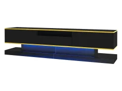 Móvel TV com 3 gavetas e 1 nicho, LED incluído, lacado preto brilhante e faixa dourada - 180x38x45cm